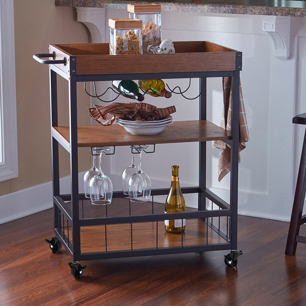 Living and Home 3 Tier Wooden Serving Wine Trolley Image 2