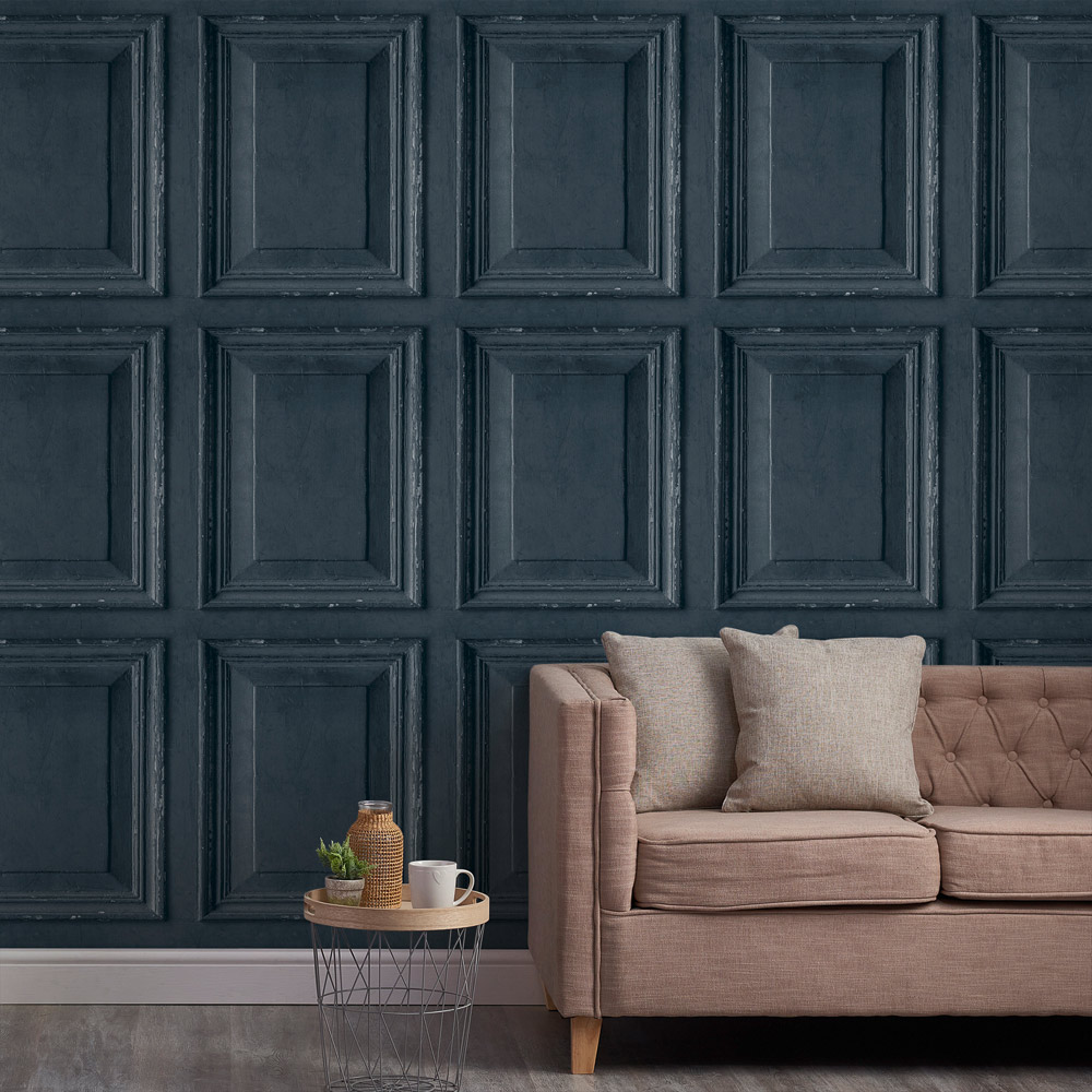 Grandeco Distressed Aged Rustic Wood Panel Navy Textured Wallpaper Image 3