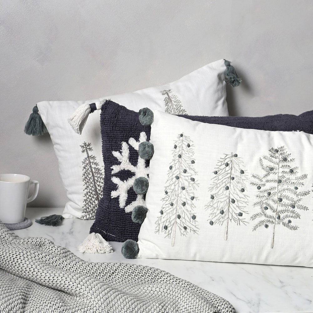 The Christmas Gift Co White Rectangle Tree Cushion with Pom Poms Image 4