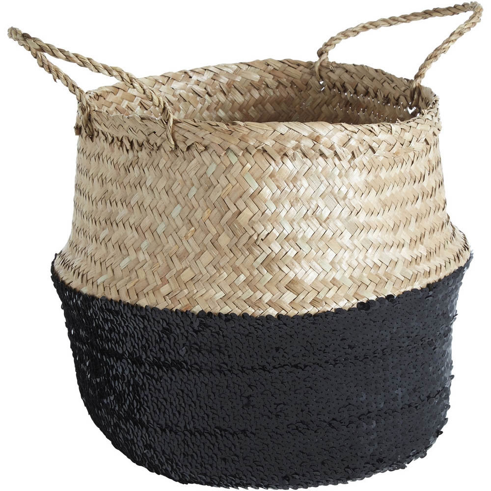 Premier Housewares Black Sequin and Natural Small Seagrass Basket Image 1