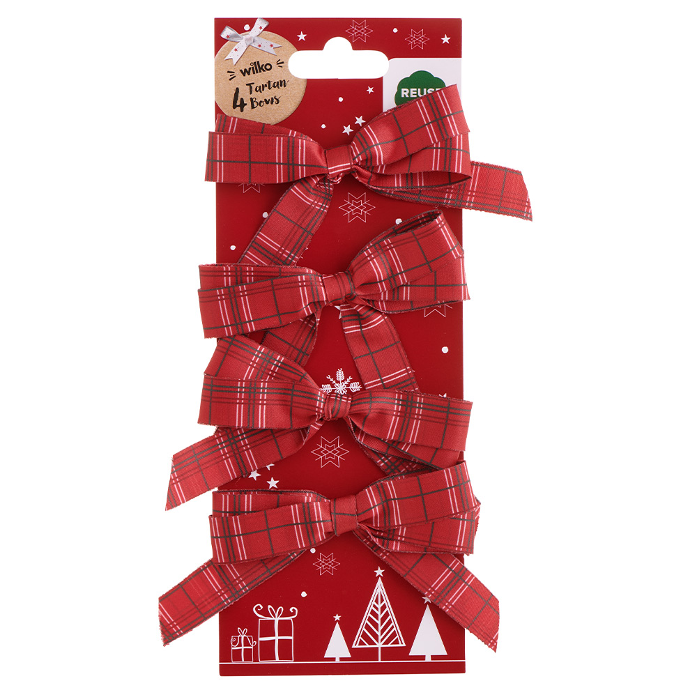 Wilko Winter Fables Tartan Bows 4 Pack Image 1
