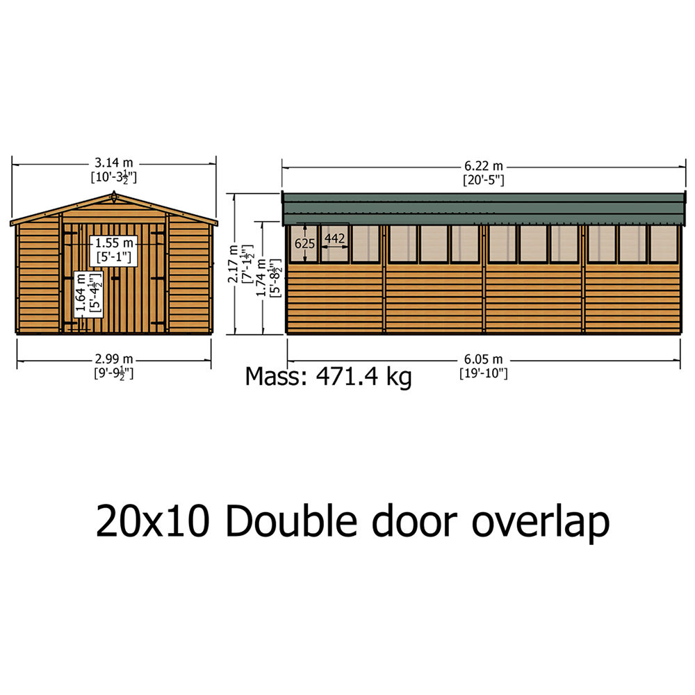 Shire 10 x 20ft Double Door Dip Treated Overlap Apex Shed Image 5