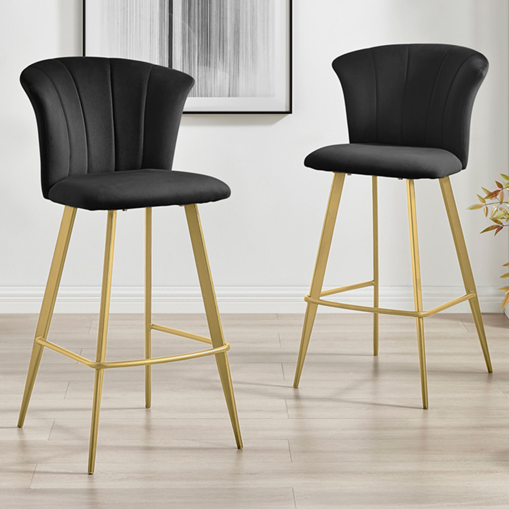 Furniturebox Hazel Black and Gold Velvet Bar Stool Set of 2 Image 1