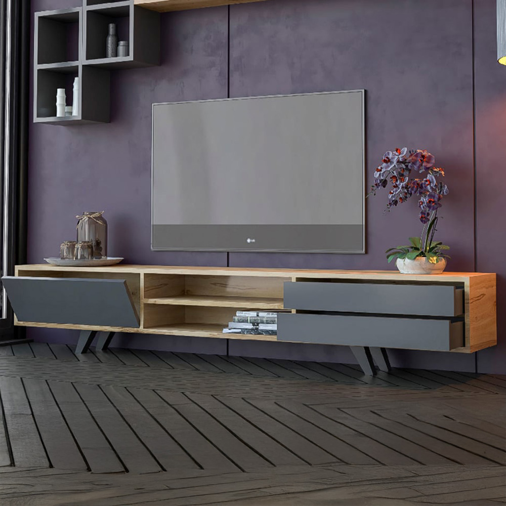 Evu Malmo Single Door 2 Drawer Anthracite Oak TV Unit Image 1