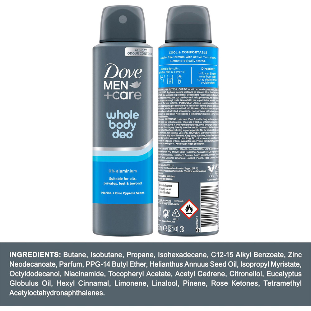 Dove Men+Care Whole Body Marine and Blue Cypress 72H Odour Deodorant Spray 150ml 6 Pack Image 8