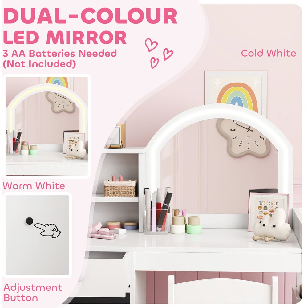 AIYAPLAY 2 Piece White LED Mirror Kids Dressing Table and Stool Set Image 5