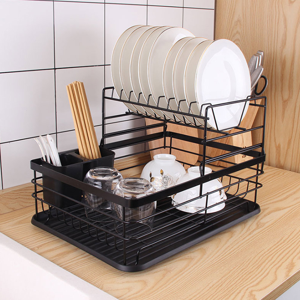 Dish Drying Rack Over The Sink,3 Tier Dish Drainer Rack Large with Cutboard  Stand,Utensils Holder Black