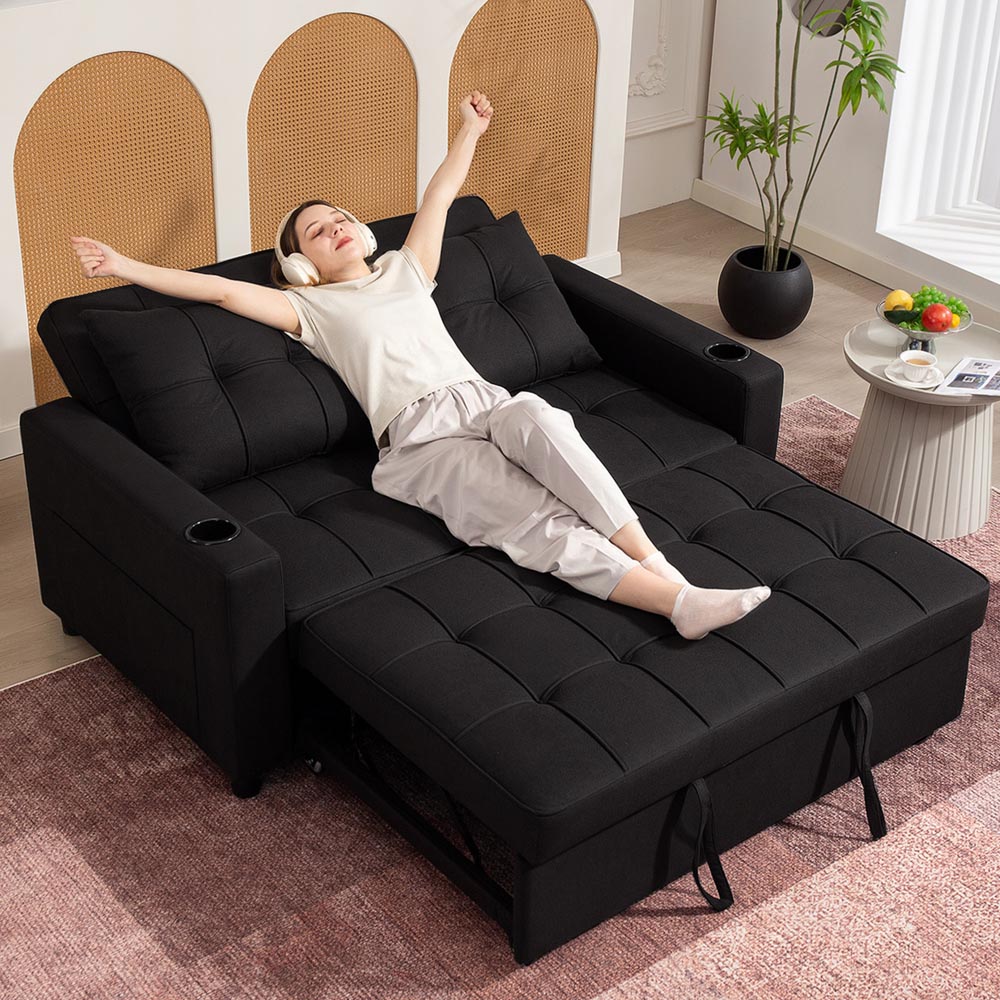 Portland 2 Seater Black Pull Out Sofa Bed with Adjustable Backrest and Pockets Image 4