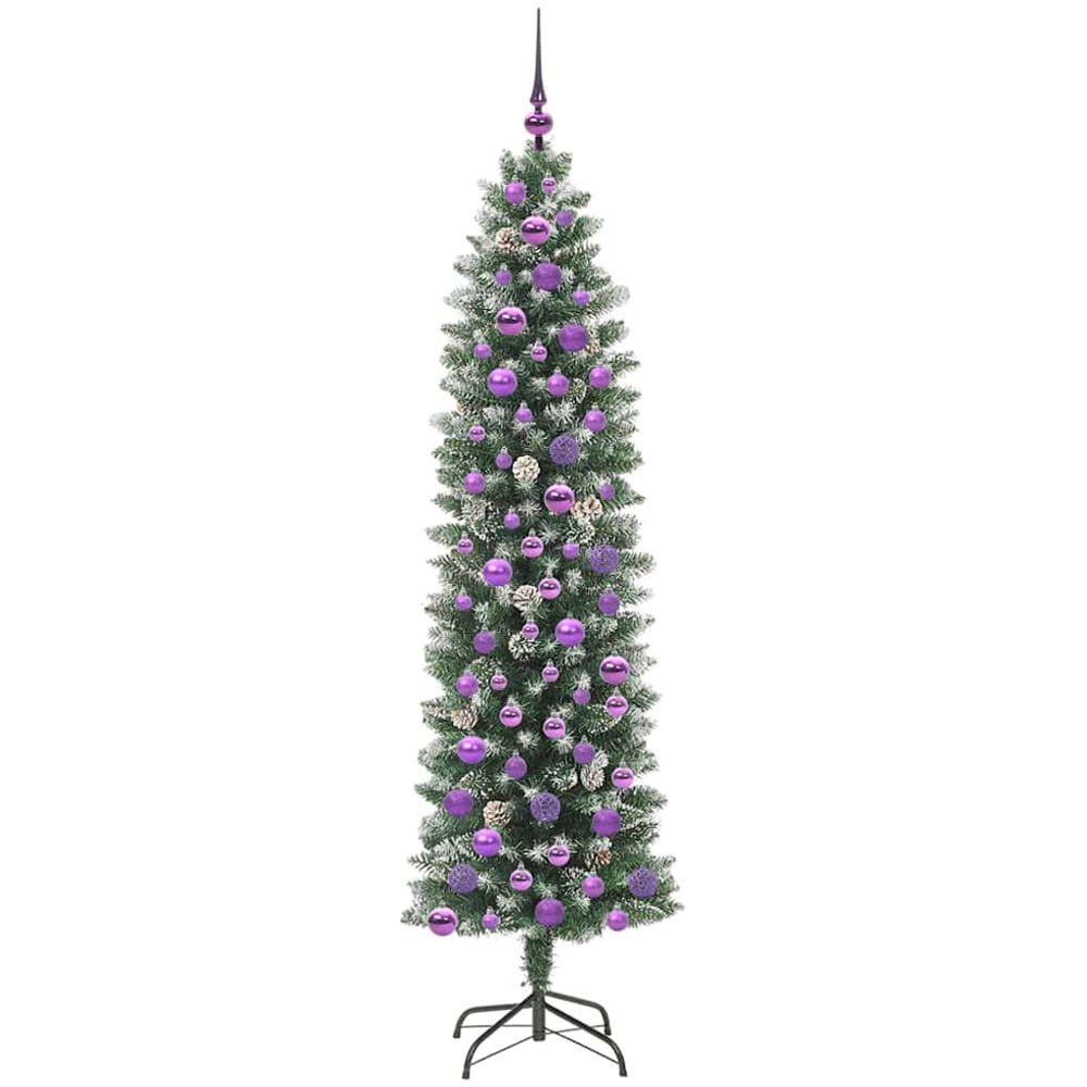 vidaXL Pre-Lit Lilac Bauble Pinecones Green Snow Flocked Artificial Pencil Christmas Tree 6ft Image 2