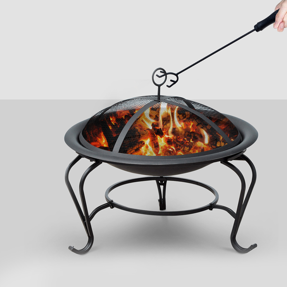 Outsunny Round Wood Fire Pit with Mesh Cover and Poker Image 5