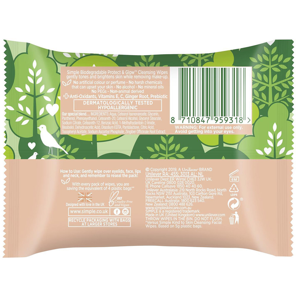Simple Protect N Glow Biodegradable Instant Cleansing Wipes 3 Pack Image 3