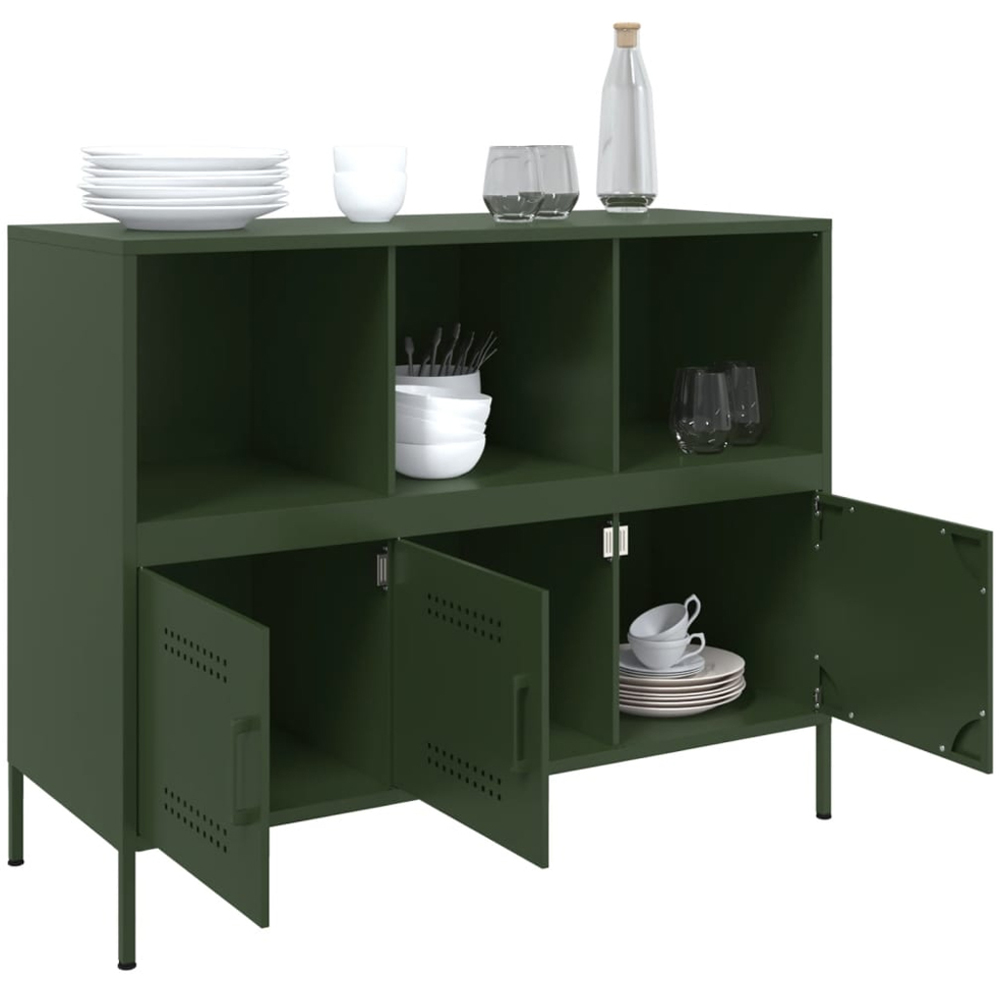 vidaXL 3 Door 3 Shelf Olive Green Steel Sideboard Image 5