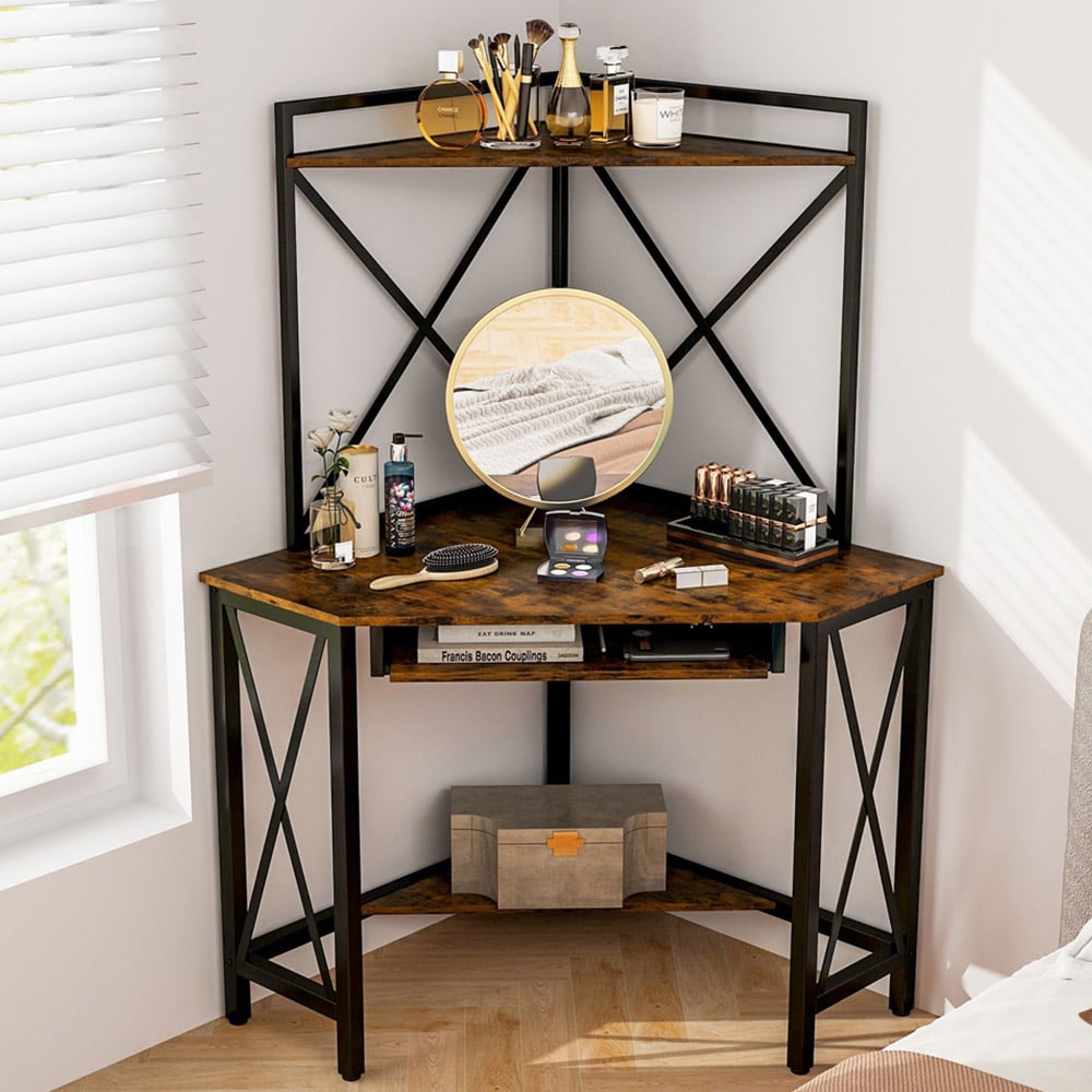 Costway 2 Shelf Corner Computer Desk with Keyboard Tray Rustic Brown Image 1