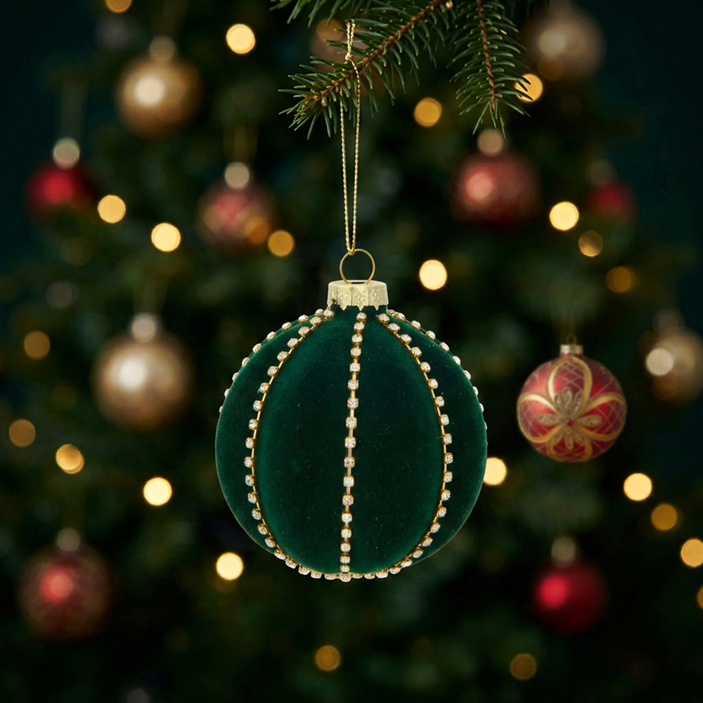 Green Flocked Embellished Bauble Image 2