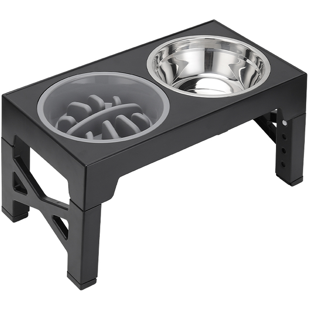 H&O Direct Stainless Steel Height Adjustable Elevated Pet Feeder with Slow Feeder Bowl Image 1