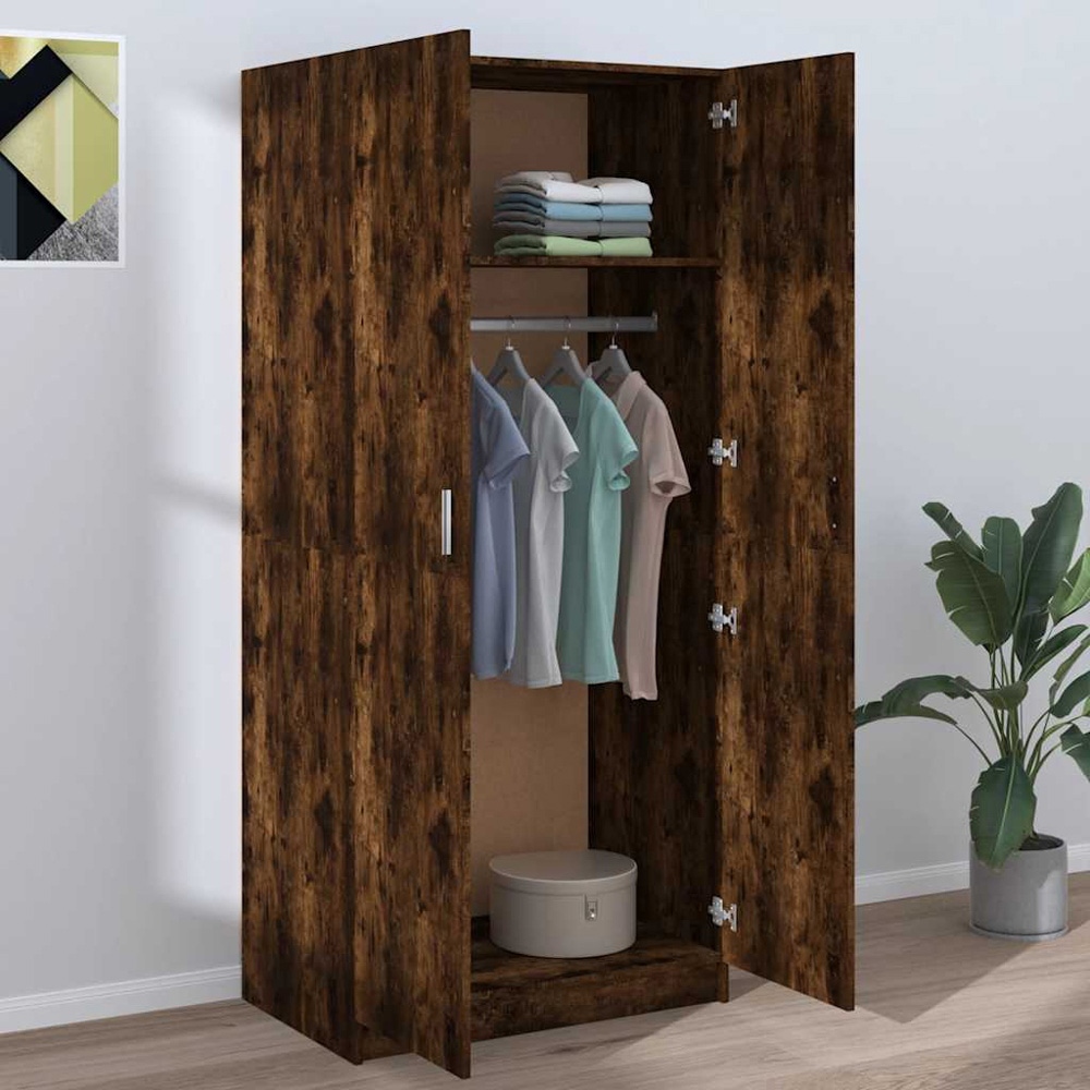 vidaXL 2 Door Smoked Oak Engineered Wood Wardrobe Image 1