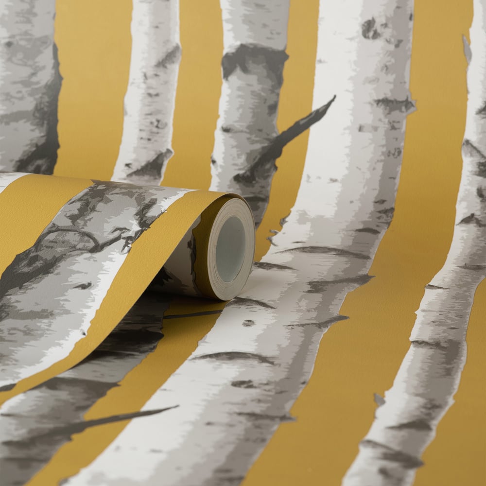 Fine Decor Birch Trees Mustard Wallpaper Image 2
