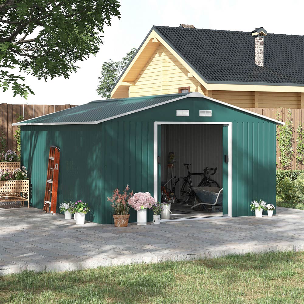 Outsunny 12.5 x 11.1ft Double Sliding Door Metal Storage Shed with Floor Foundation Image 2