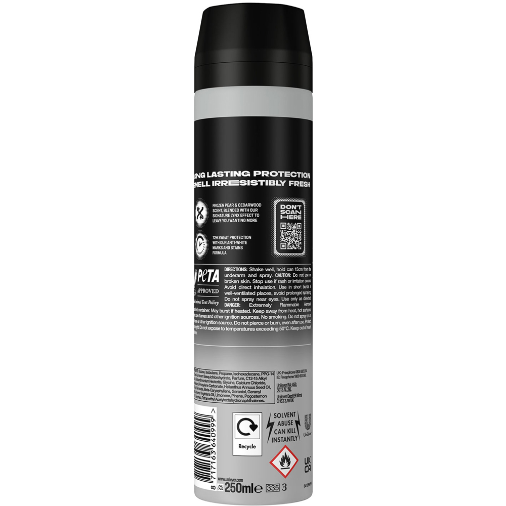 Lynx Black Frozen Pear and Cedarwood 72H Protection Anti-Perspirant Deodorant Spray 250ml 6 Pack Image 2