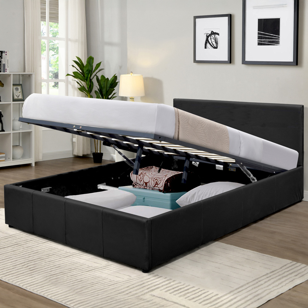 Comfy Living Small Double Black Faux Leather Ottoman Bed Frame with Padded Headboard Image 1