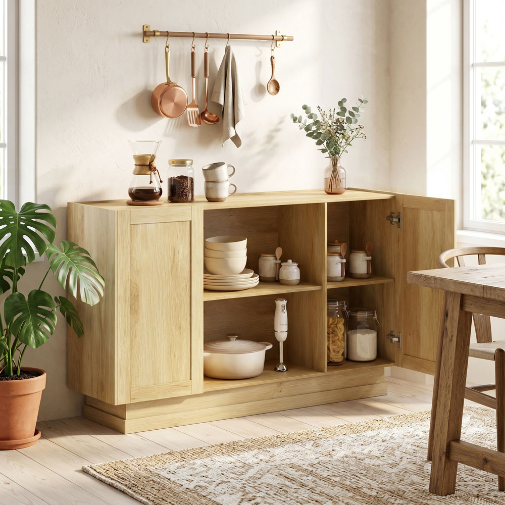 HOMCOM 2 Door 2 Shelf Natural Modern Sideboard Buffet Cabinet Image 3