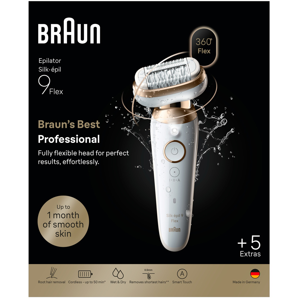 Braun Silk-épil 9 Flex Gold Cordless Wet and Dry 3D Hair Removal Epilator with Attachments Image 3