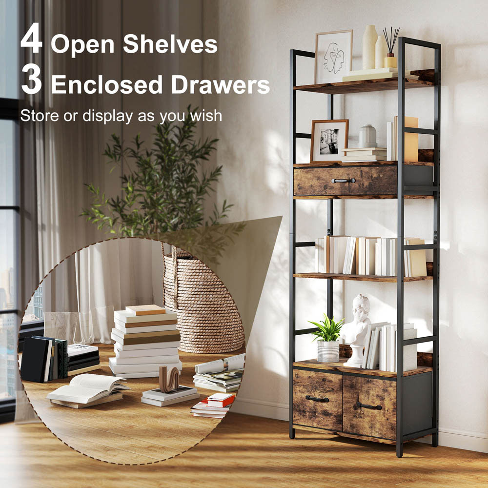 Portland 3 Fabric Drawer and 4 Shelf Rustic Brown Industrial Bookcase Image 7