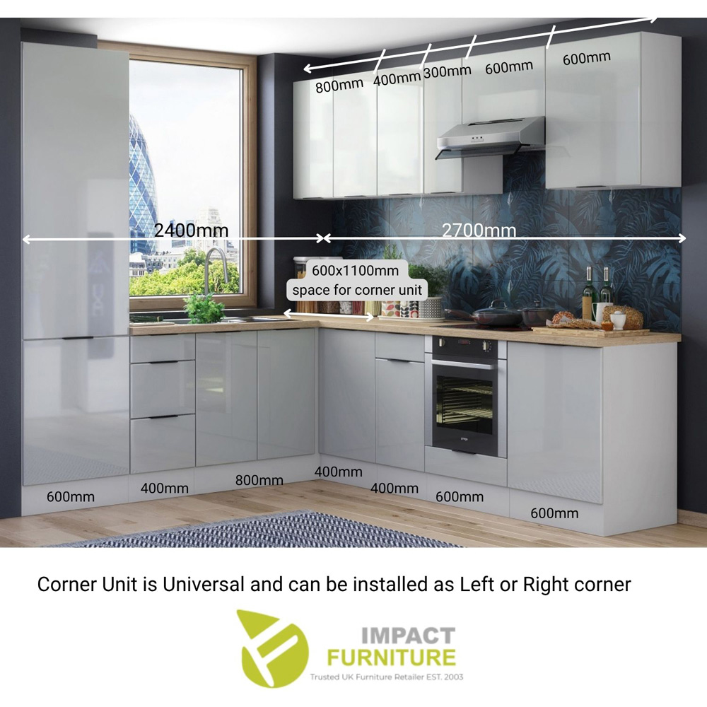 Impact Furniture Star Light Grey Gloss L-Shaped Corner Kitchen Cabinet Unit Set of 12 Image 2