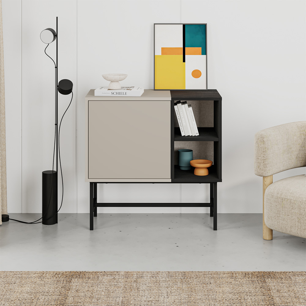 Decortie Mona Single Door 2 Shelf Sandstone and Black Wood Mini Console Table Image 4