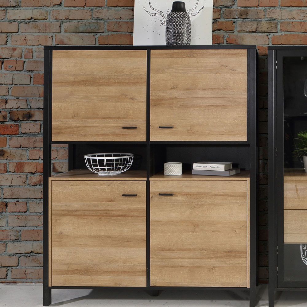 Florence High Rock 4 Door Matt Black and Riviera Oak Storage Cabinet Image 7