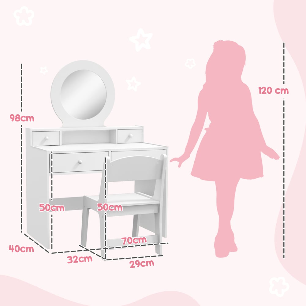 AIYAPLAY 4 Drawer White Mirror Kids Dressing Table and Stool Set Image 9