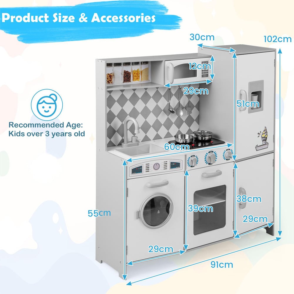Costway Kids White Kitchen Play Set with Ice Maker and Cooking Stove Image 7