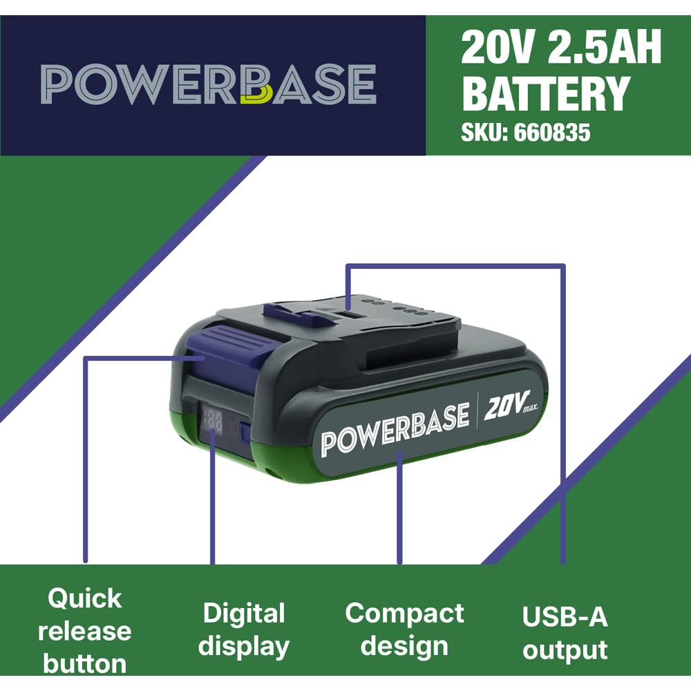 Powerbase 20V 2.5Ah Lithium-Ion Battery with USB-A Output Image 2