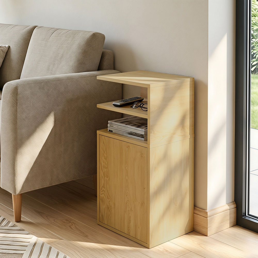 HOMCOM Single Door Oak Slim Bedside Table with Open Cubbies Set of 2 Image 3