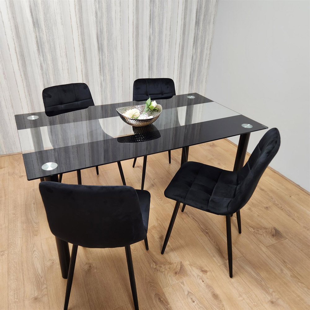 Kosy Koala 4 Seater Clear Glass Double Stripe Tufted Velvet Dining Set Black Image 7