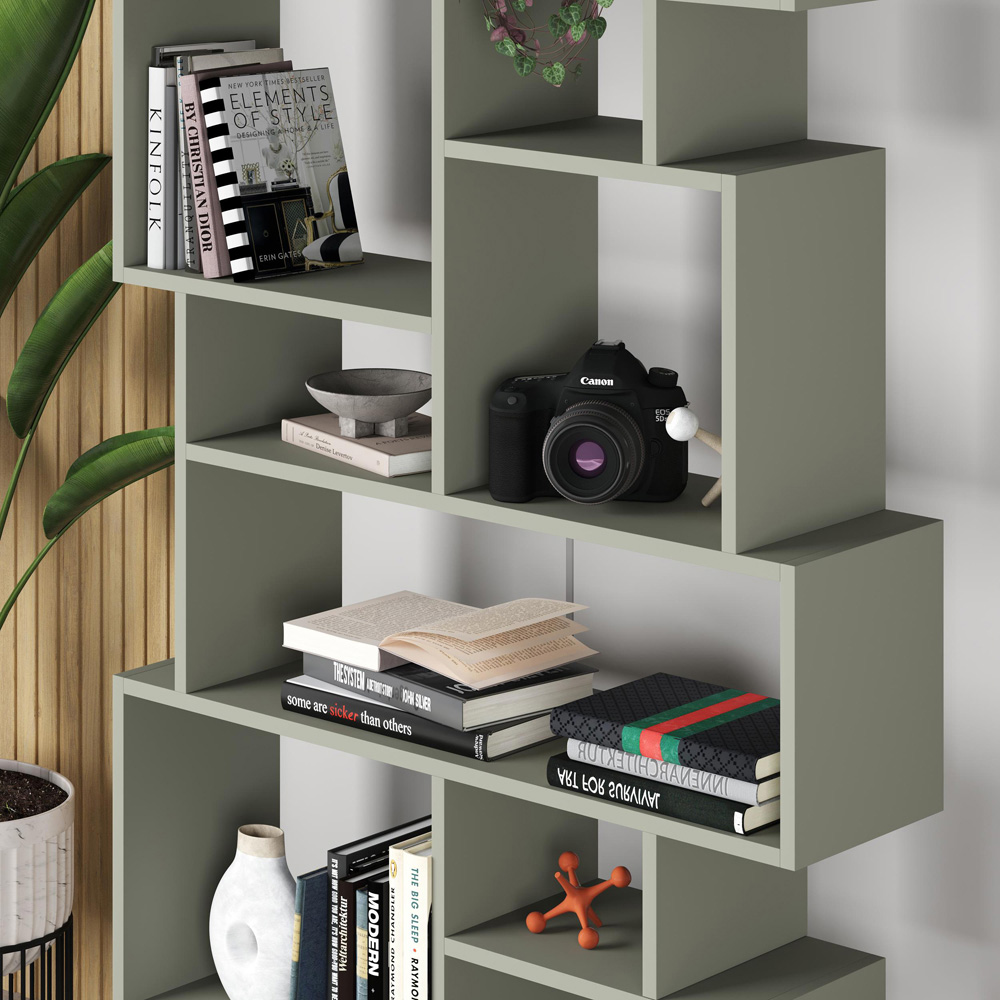 Decortie Karmato 10 Shelf Ash Green Asymmetric Tall Freestanding Bookcase Image 3