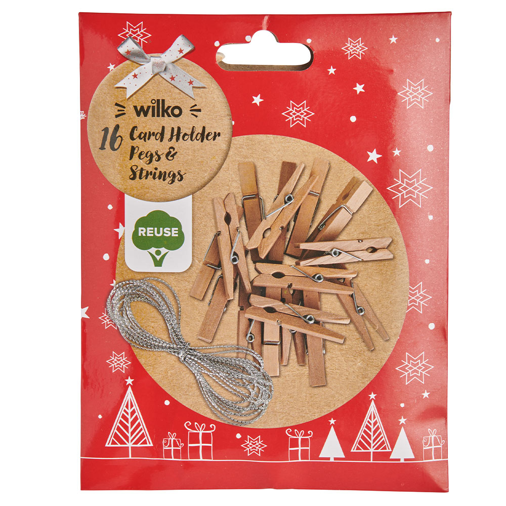 Wilko Card Holder Pegs and String 16 Pack Image 1