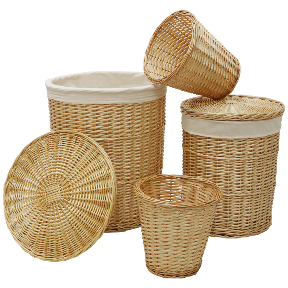 JVL 4 Piece Acacia Honey Round Willow Laundry and Waste Paper Basket Set Image 1