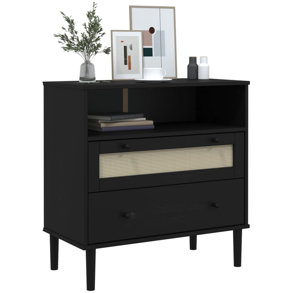 vidaXL 2 Drawer Single Shelf Black Rattan Look Wooden Sideboard Image 3