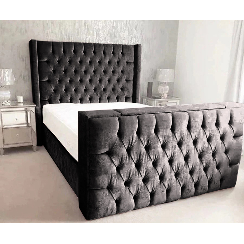 Eleganza Home Lokie Double Black Plush TV Bed Frame with Headboard and Footboard Image 2