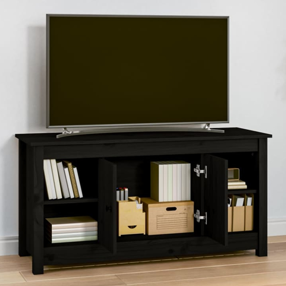 vidaXL 2 Door 4 Shelf Black Solid Pine Wood TV Cabinet Image 1