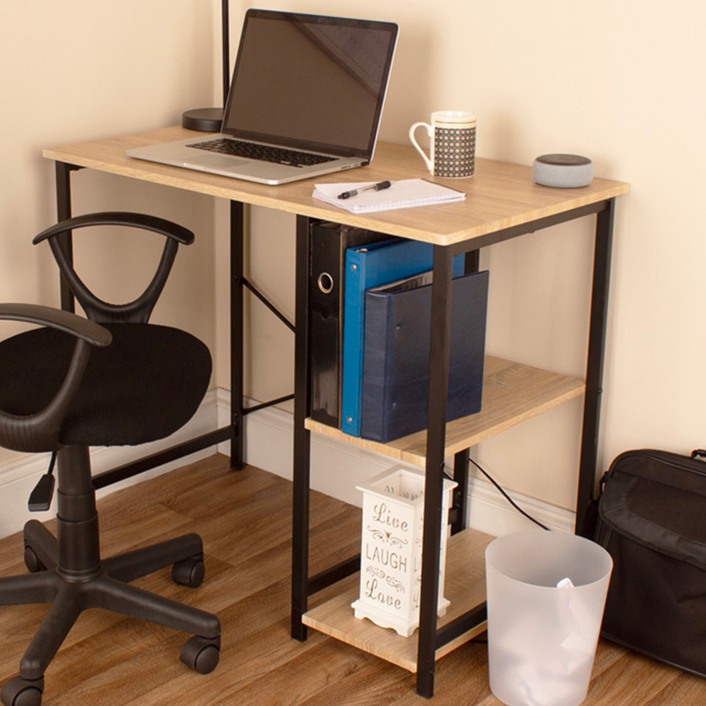 Loft Metal Legs Home Office Study Desk with Side Storage Oak Effect and Black Image 1