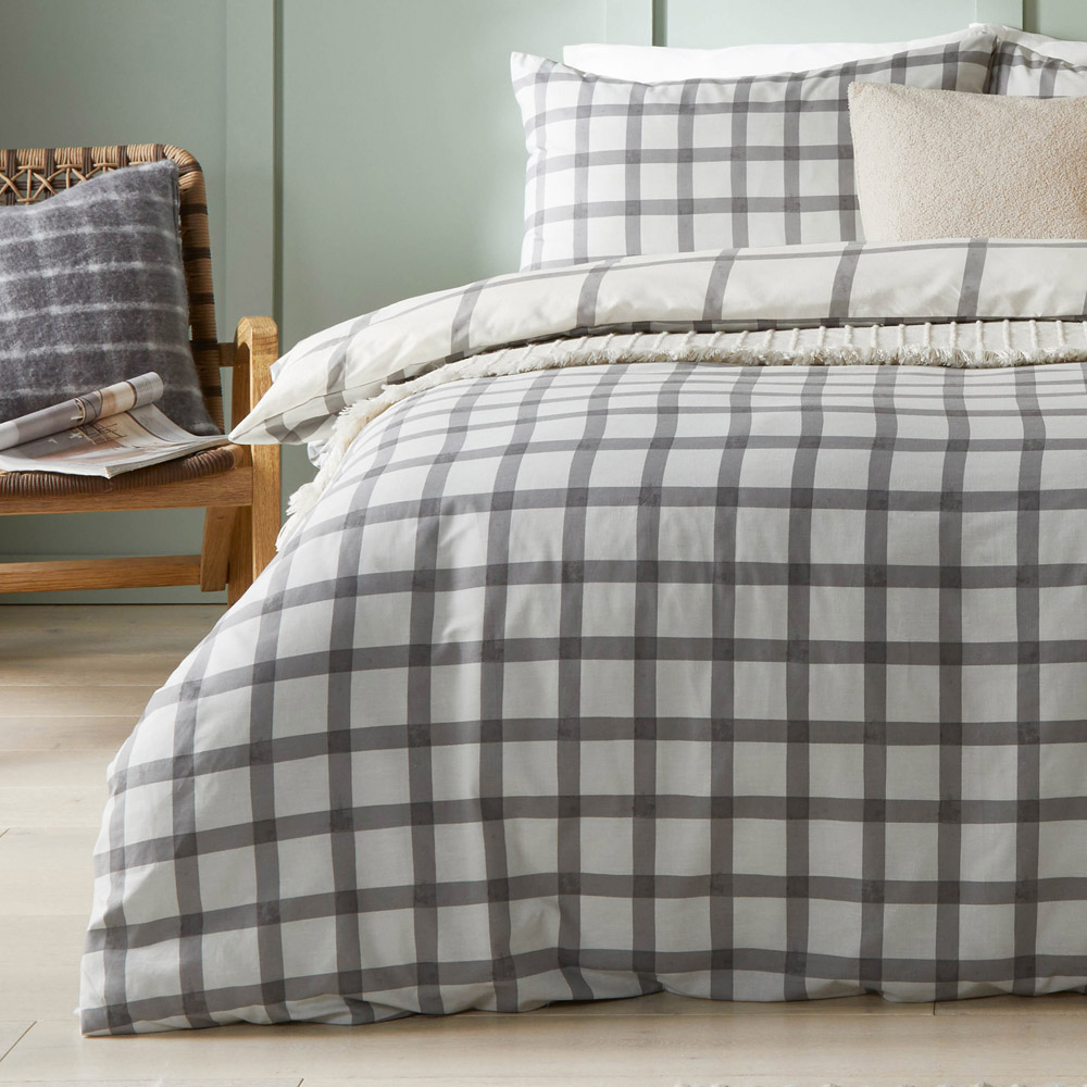 furn. Canberra King Size Grey and Neutral Check Printed Duvet Set Image 3