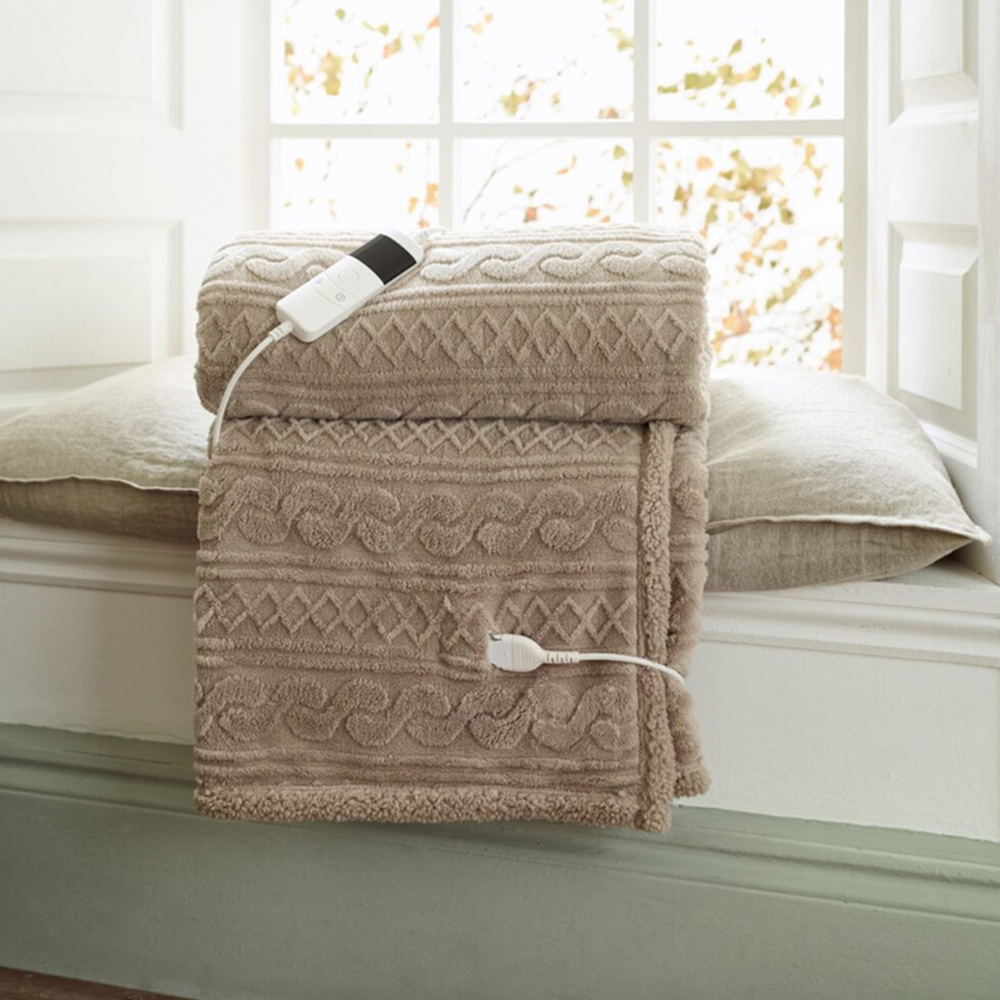 Deyongs Taupe Cable Knit Sherpa Heated Throw with 10 Heat Settings 140 x 180cm Image 2