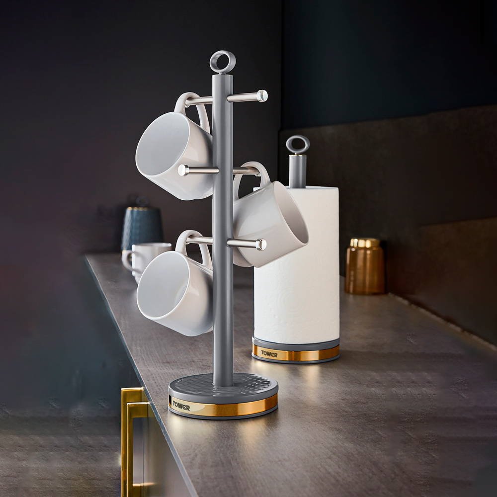 Tower Empire 6 Cup Grey Mug Tree and Kitchen Towel Roll Holder Image 7