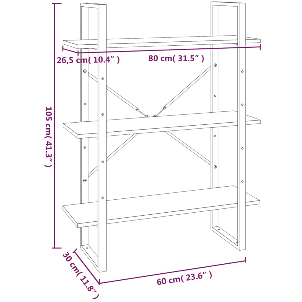 vidaXL 3 Shelf Grey Sonoma Oak Bookcase Image 8