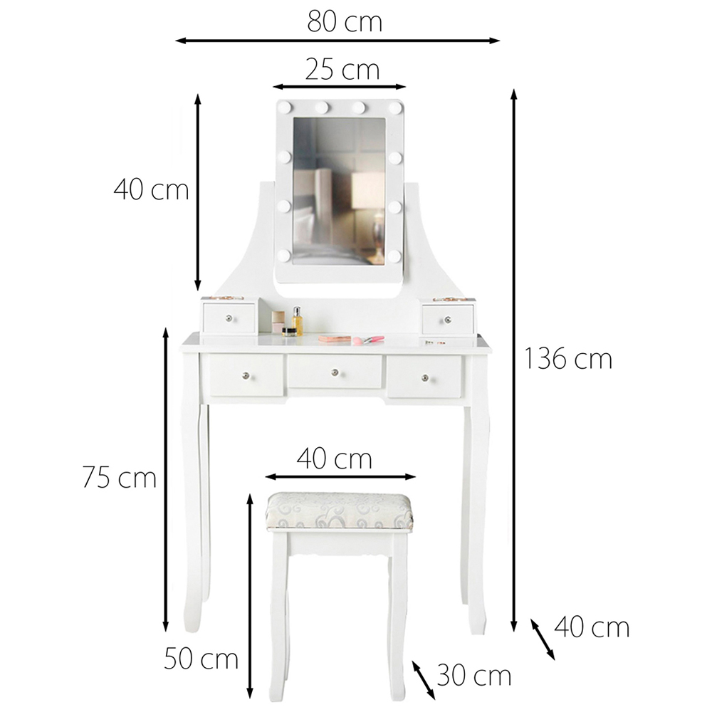 CARME Home Arianna 5 Drawer White Hollywood Mirror Light Deluxe Dressing Table Image 7