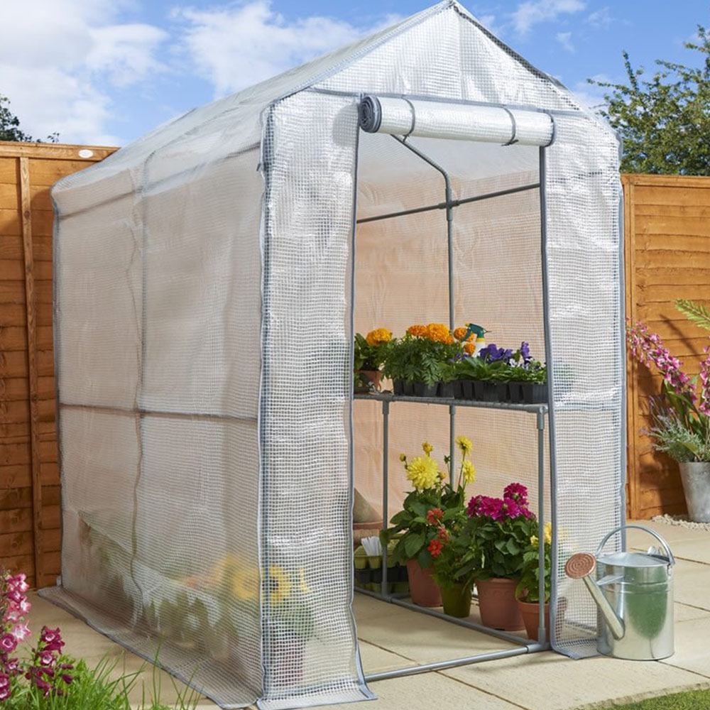 Wilko Walk in PE Greenhouse with Cover and Shelf Stage Image 2