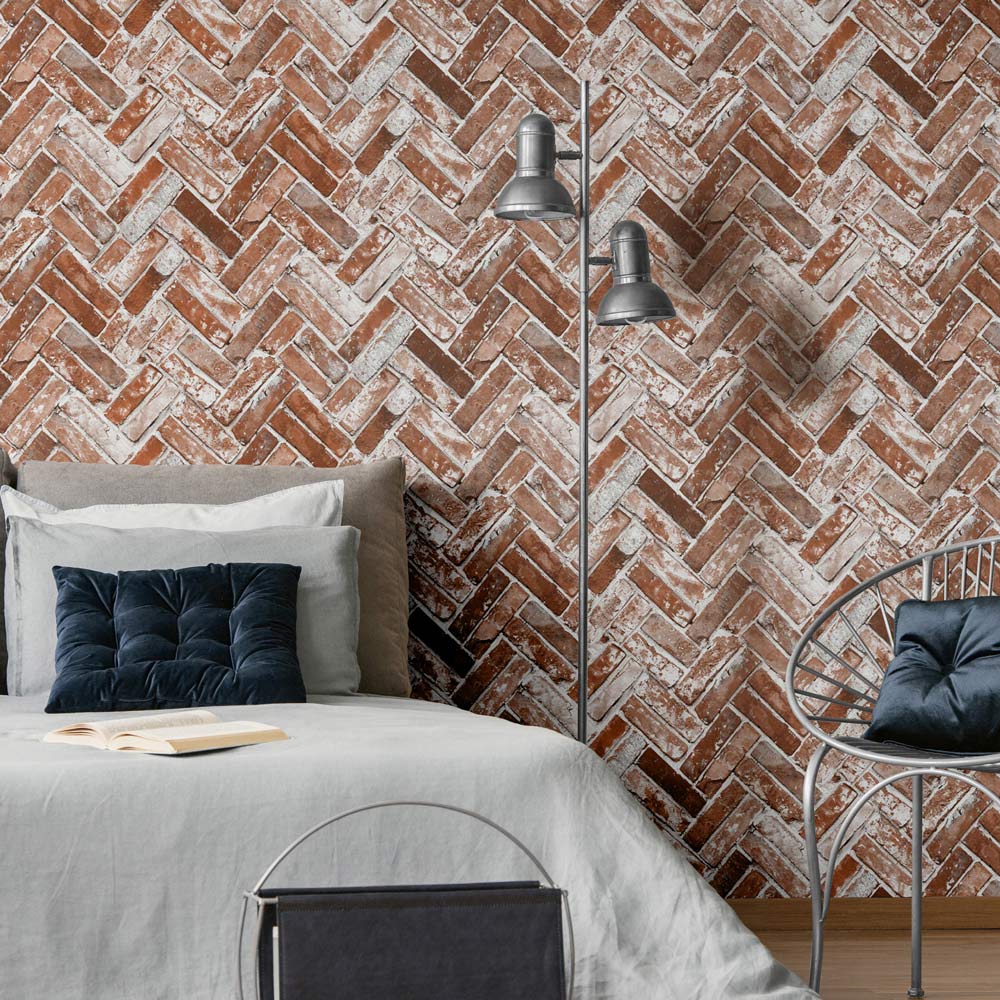 Muriva Herringbone Brick Red Wallpaper Image 3