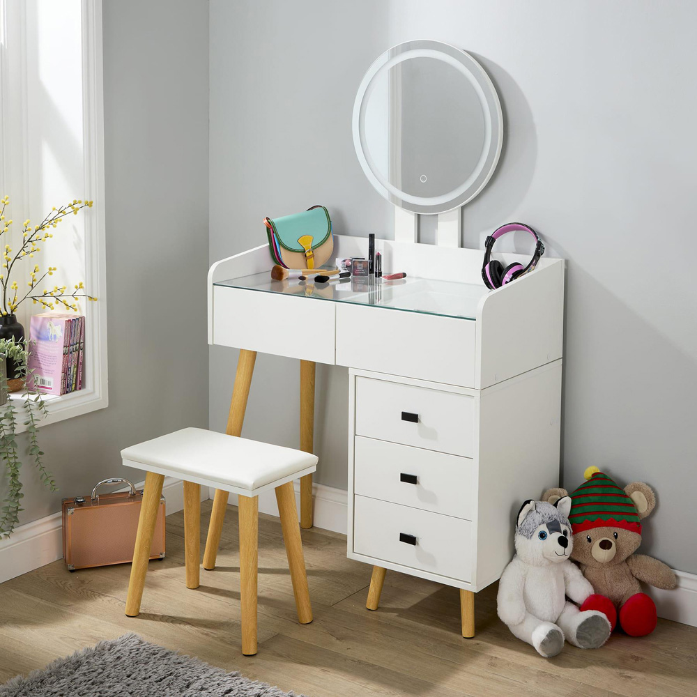 Home Source Nova 5 Drawer White Vanity Table and Cushioned Stool Set with LED Mirror Image 6